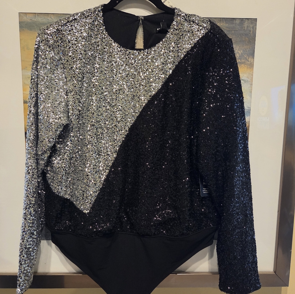 Express Sequin Black and Silver Women's Bodysuit